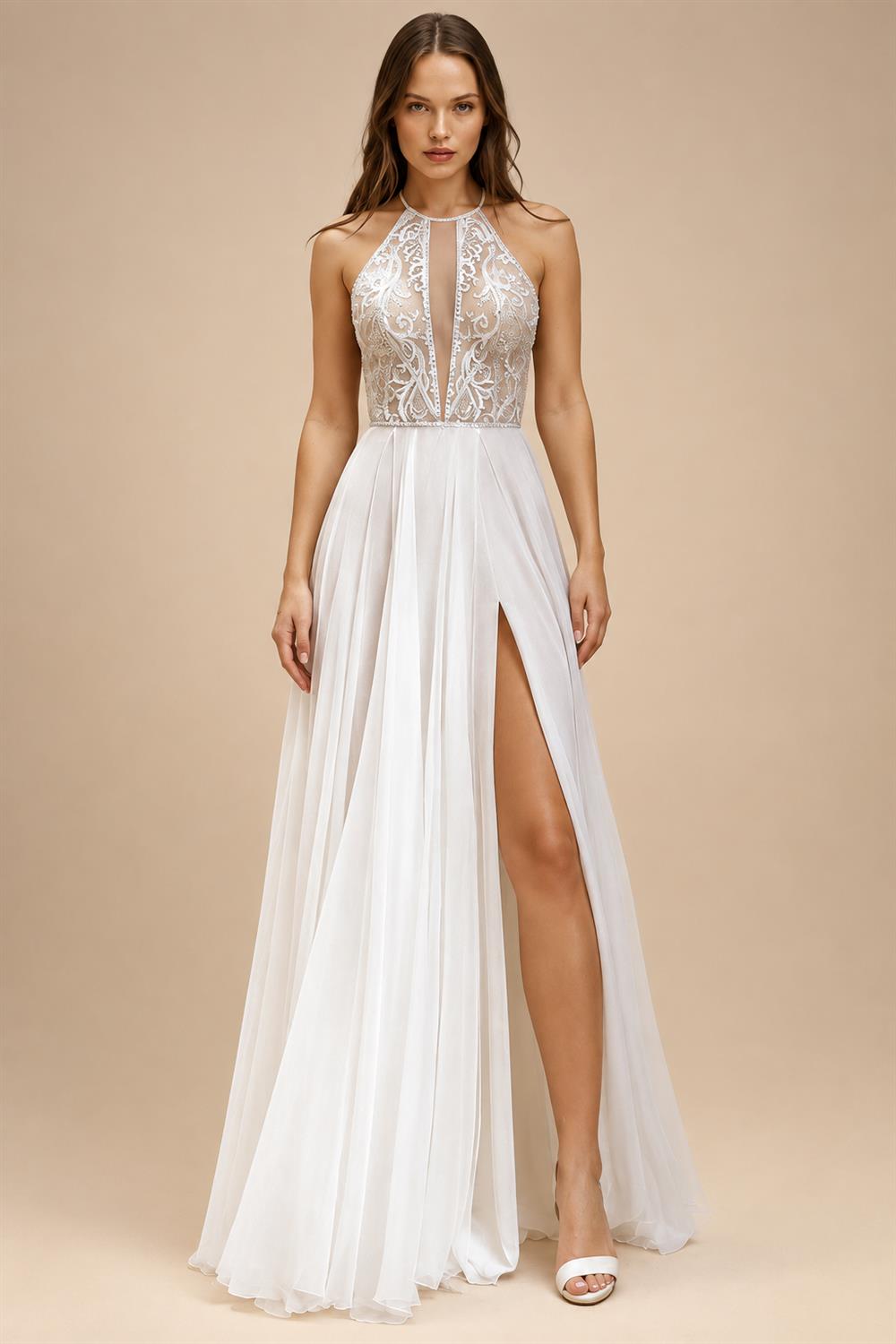 Halter Neck Lace Chiffon Flowy Outdoor Boho Split Side Wedding Dress for Women 2026 Backless Bridal Gown Customized