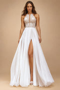 Halter Neck Lace Chiffon Flowy Outdoor Boho Split Side Wedding Dress for Women 2026 Backless Bridal Gown Customized