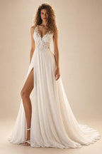 Beach Wedding Dress Woman Bride Dresses V Neck Sleeveless Lace Applique Side Slit Chiffon A Line Bridal Gown for Lad