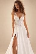 Beach Wedding Dress Woman Bride Dresses V Neck Sleeveless Lace Applique Side Slit Chiffon A Line Bridal Gown for Lad