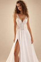 Beach Wedding Dress Woman Bride Dresses V Neck Sleeveless Lace Applique Side Slit Chiffon A Line Bridal Gown for Lad