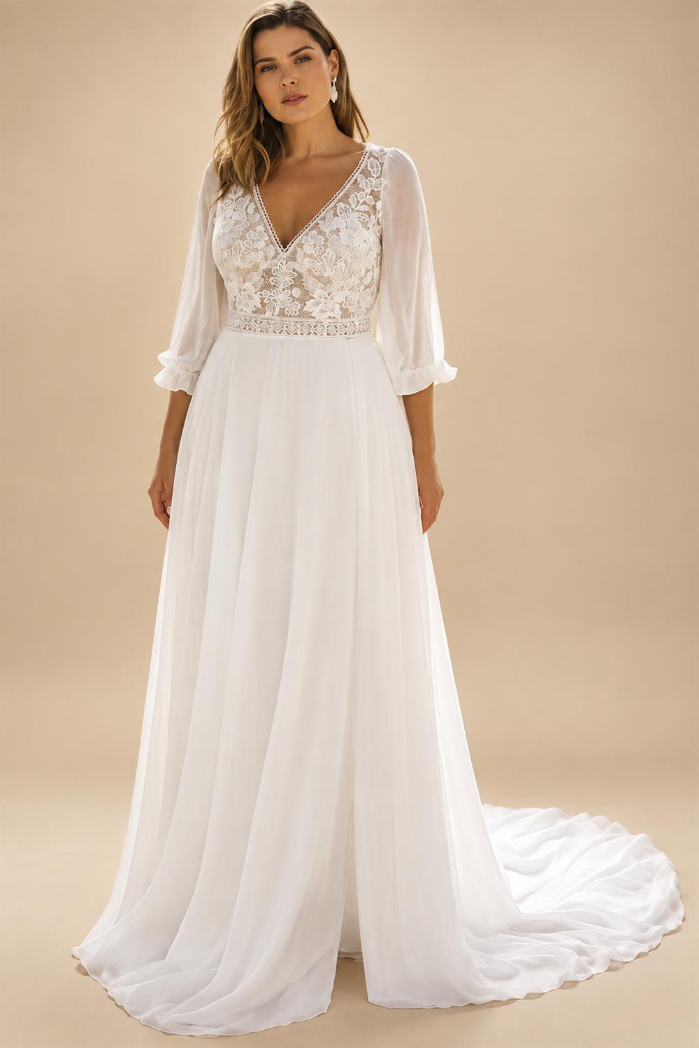 Chiffon Wedding Dresses Plus Size V Neck 3/4 Sleeves Bride Gowns Appliques Floor Length A-Line Vestido Customized