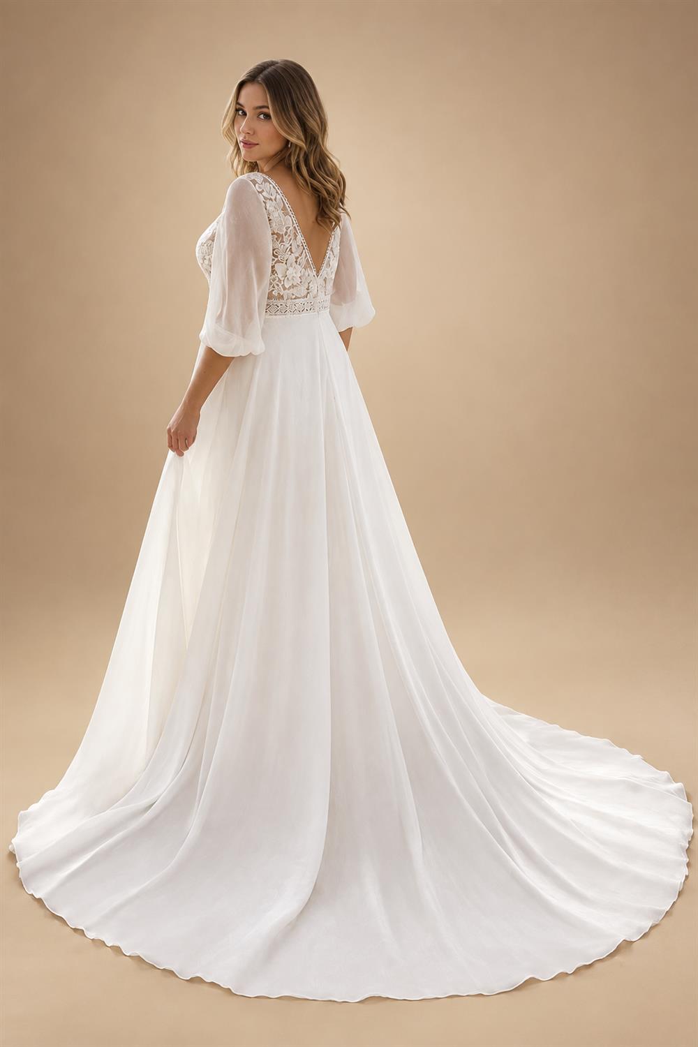 Chiffon Wedding Dresses Plus Size V Neck 3/4 Sleeves Bride Gowns Appliques Floor Length A-Line Vestido Customized