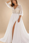 Chiffon Wedding Dresses Plus Size V Neck 3/4 Sleeves Bride Gowns Appliques Floor Length A-Line Vestido Customized