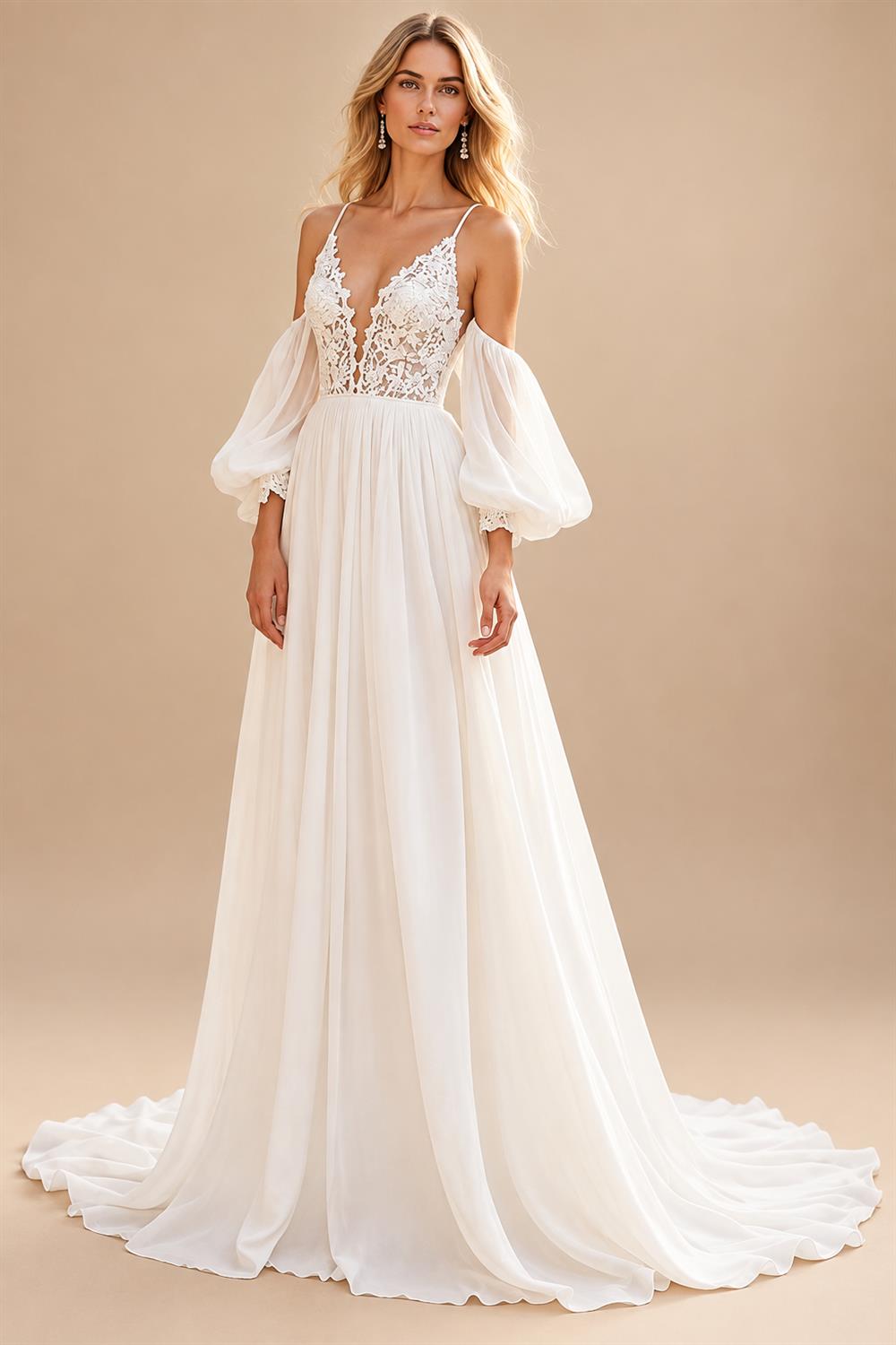 Chiffon V-Neck Court Train Ivory Beach Wedding Dress with Lace Appliques Spaghetti Straps Long Boho Wedding Gown