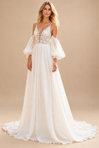 Chiffon V-Neck Court Train Ivory Beach Wedding Dress with Lace Appliques Spaghetti Straps Long Boho Wedding Gown