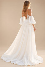 Chiffon V-Neck Court Train Ivory Beach Wedding Dress with Lace Appliques Spaghetti Straps Long Boho Wedding Gown