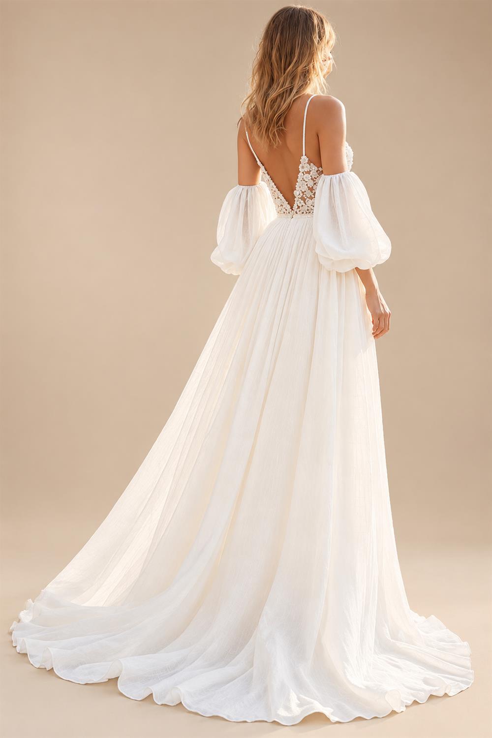 Chiffon V-Neck Court Train Ivory Beach Wedding Dress with Lace Appliques Spaghetti Straps Long Boho Wedding Gown