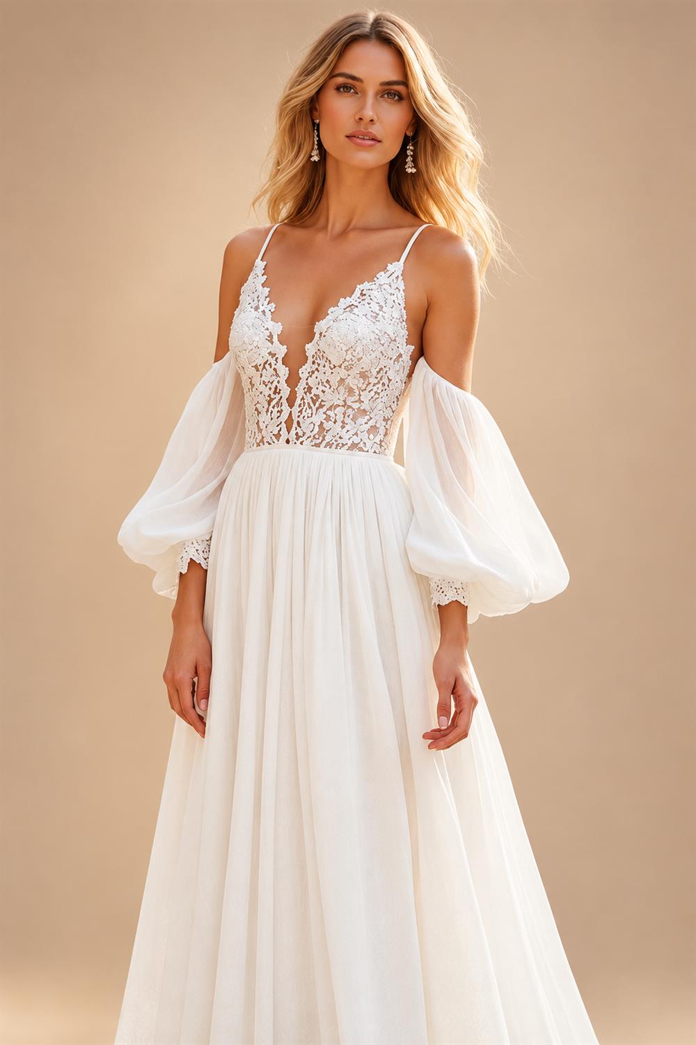 Chiffon V-Neck Court Train Ivory Beach Wedding Dress with Lace Appliques Spaghetti Straps Long Boho Wedding Gown