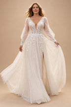 A-Line Plus Size Wedding Dresses with Slit Classic Long Puff Sleeves Bridal Gowns Backless Tulle Robe De Customized