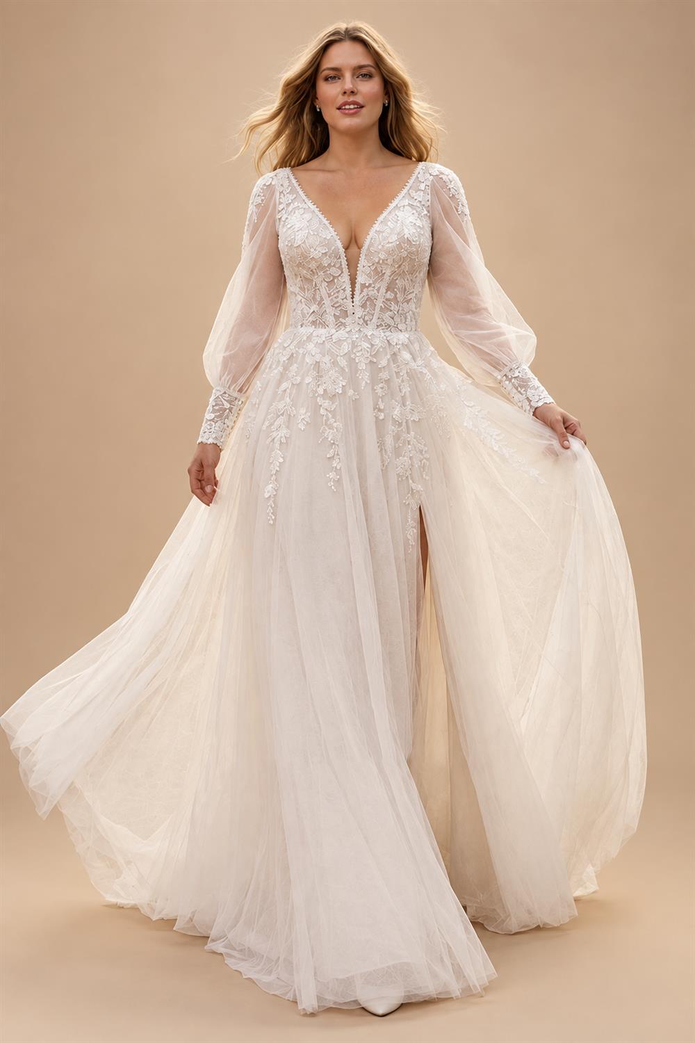 A-Line Plus Size Wedding Dresses with Slit Classic Long Puff Sleeves Bridal Gowns Backless Tulle Robe De Customized