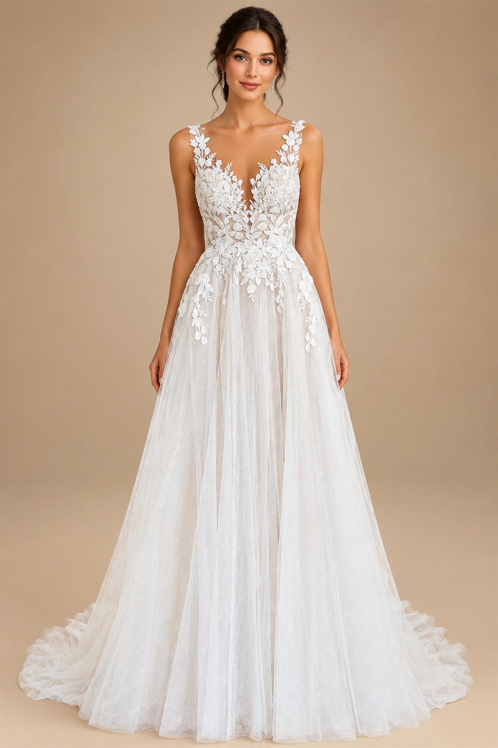 Illusion Wedding Dress Sleeveless Backless O-Neck Bride Dress See Through Appliques Formal Robe De Marie