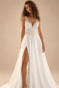 Beach Wedding Dress Sexy Sleeveless V Neck See Through Lace Applique Chiffon A Line Split Bridal Gown Customized