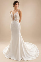 Scoop-neck Ruched Wedding Gown with Shawel Charming Mermaid Lace Appliques Spaghetti Strap Bridal Dresses Customized