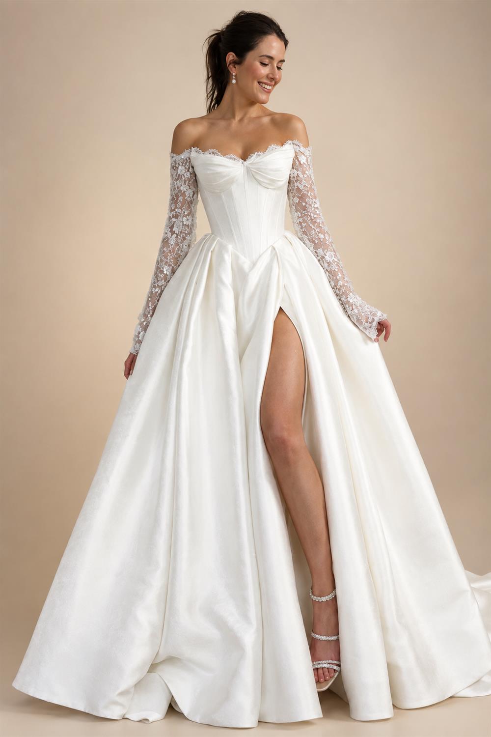 Luxury Boat Neck Bohemian Wedding Dress Off-the-shoulder Draped Open Back Floor Length Wedding Gowns Customized