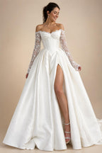 Luxury Boat Neck Bohemian Wedding Dress Off-the-shoulder Draped Open Back Floor Length Wedding Gowns Customized