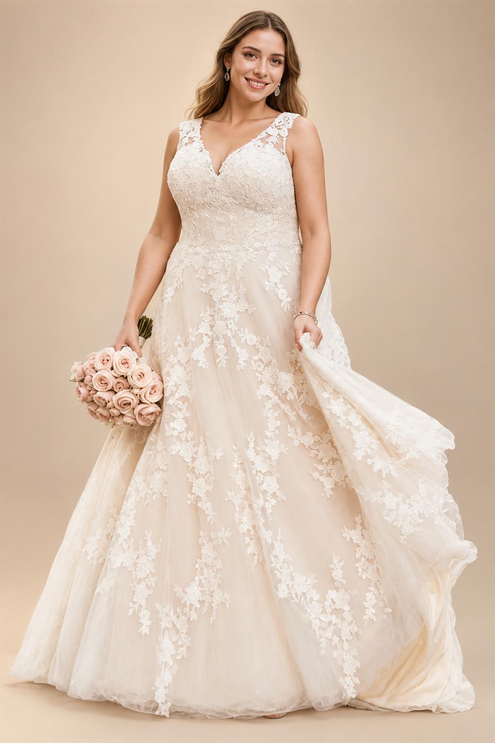 Plus Size Champagne Tulle Wedding Dresses Sleeveless Long Formal Dress Lace Applique Bridal Gowns Customized