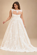 Plus Size Champagne Tulle Wedding Dresses Sleeveless Long Formal Dress Lace Applique Bridal Gowns Customized