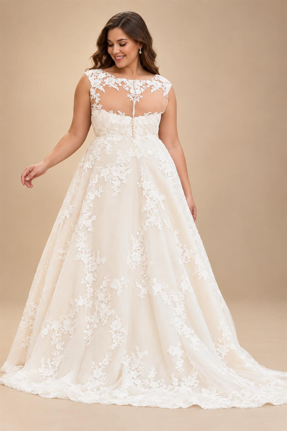 Plus Size Champagne Tulle Wedding Dresses Sleeveless Long Formal Dress Lace Applique Bridal Gowns Customized