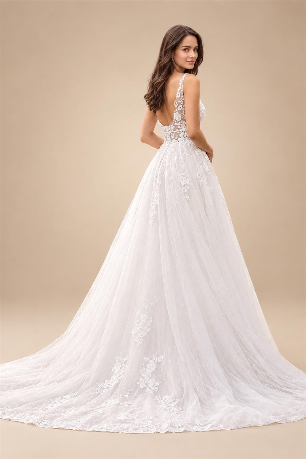 A Line Plunging V Neck Wedding Dress with Flowy Tulle Skirt for Bridal Reception Elopement Outdoor Street