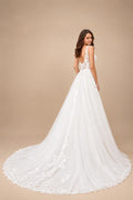 A Line Plunging V Neck Wedding Dress with Flowy Tulle Skirt for Bridal Reception Elopement Outdoor Street