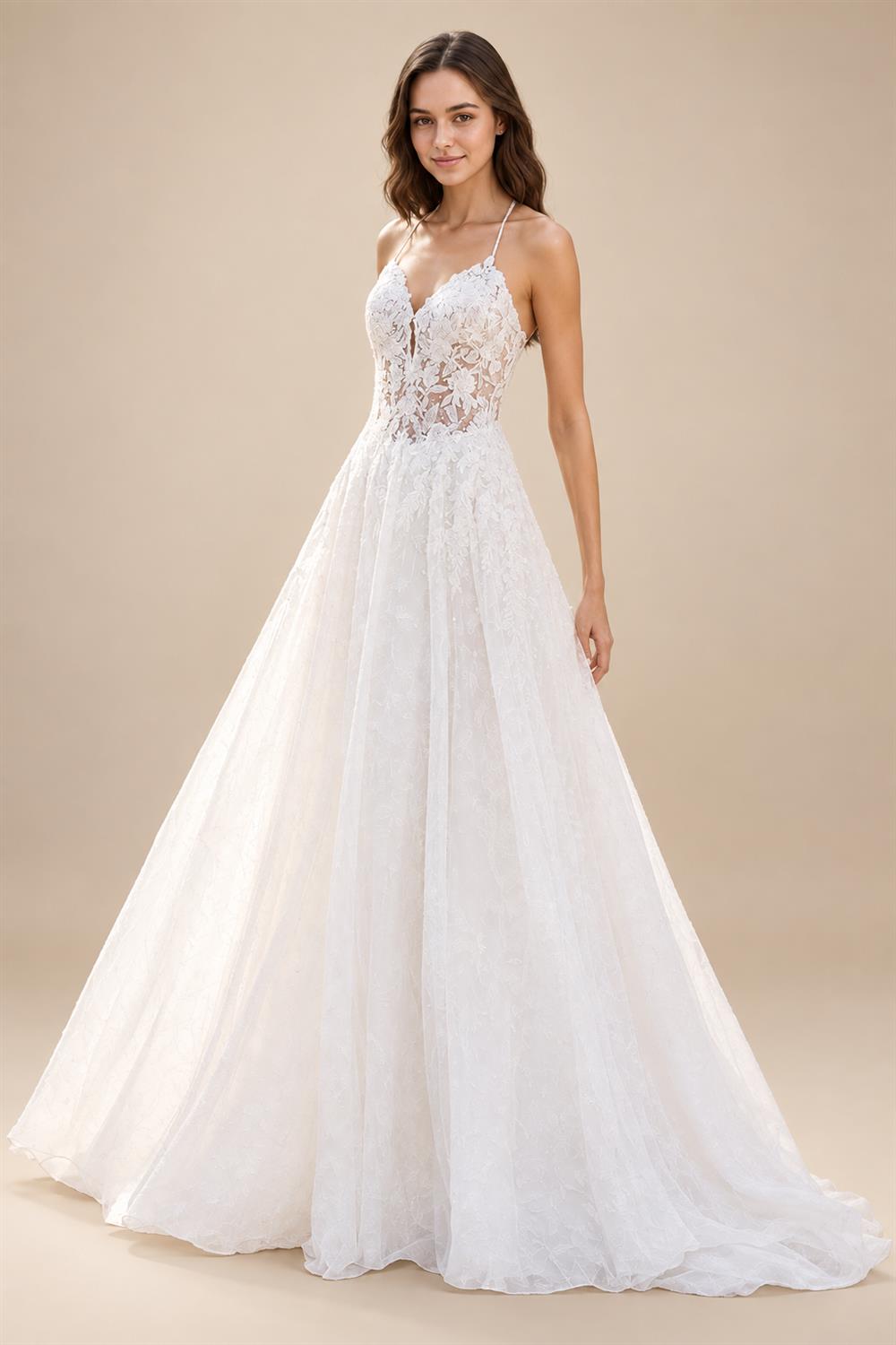 Mophiel Boho Wedding Dresses Spaghetti Straps Lace Appliques Tulle Bride Dress A-line Corset Pearl Bridal Gown