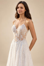 Mophiel Boho Wedding Dresses Spaghetti Straps Lace Appliques Tulle Bride Dress A-line Corset Pearl Bridal Gown