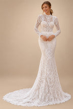 High Neck Long Sleeves Mermaid Wedding Dress Lace Bohemia Bridal Gown For Women With Appliques Customized