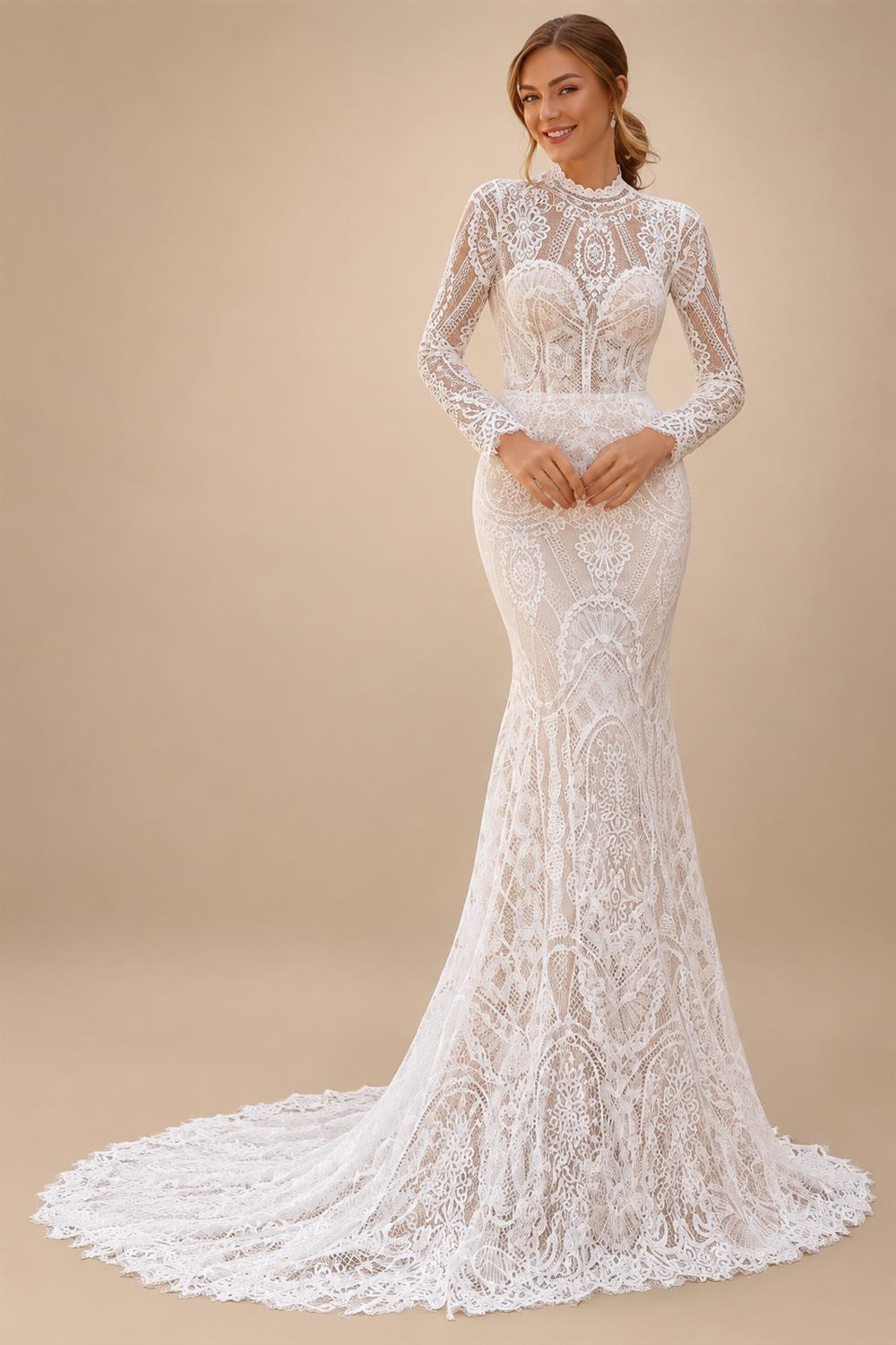 High Neck Long Sleeves Mermaid Wedding Dress Lace Bohemia Bridal Gown For Women With Appliques Customized