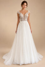 Robe Boheme Bridal Beach Wedding Dress Customized Civil A Line Off White Tulle Long Wedding Gowns Cap Short Sleeves