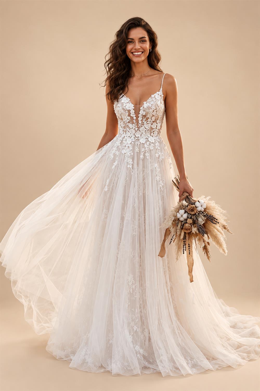 Sexy V-neck Lace A-line Wedding Dresses Spaghetti Strap Appliques Floor Length Tulle Bridal Gown Customized