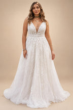 Plus Size Boho Lace Wedding Dresses A Line Sleeveless Appliques V Neck Bridal Gowns Tulle Wedding Gown Customized
