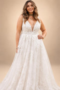 Plus Size Boho Lace Wedding Dresses A Line Sleeveless Appliques V Neck Bridal Gowns Tulle Wedding Gown Customized
