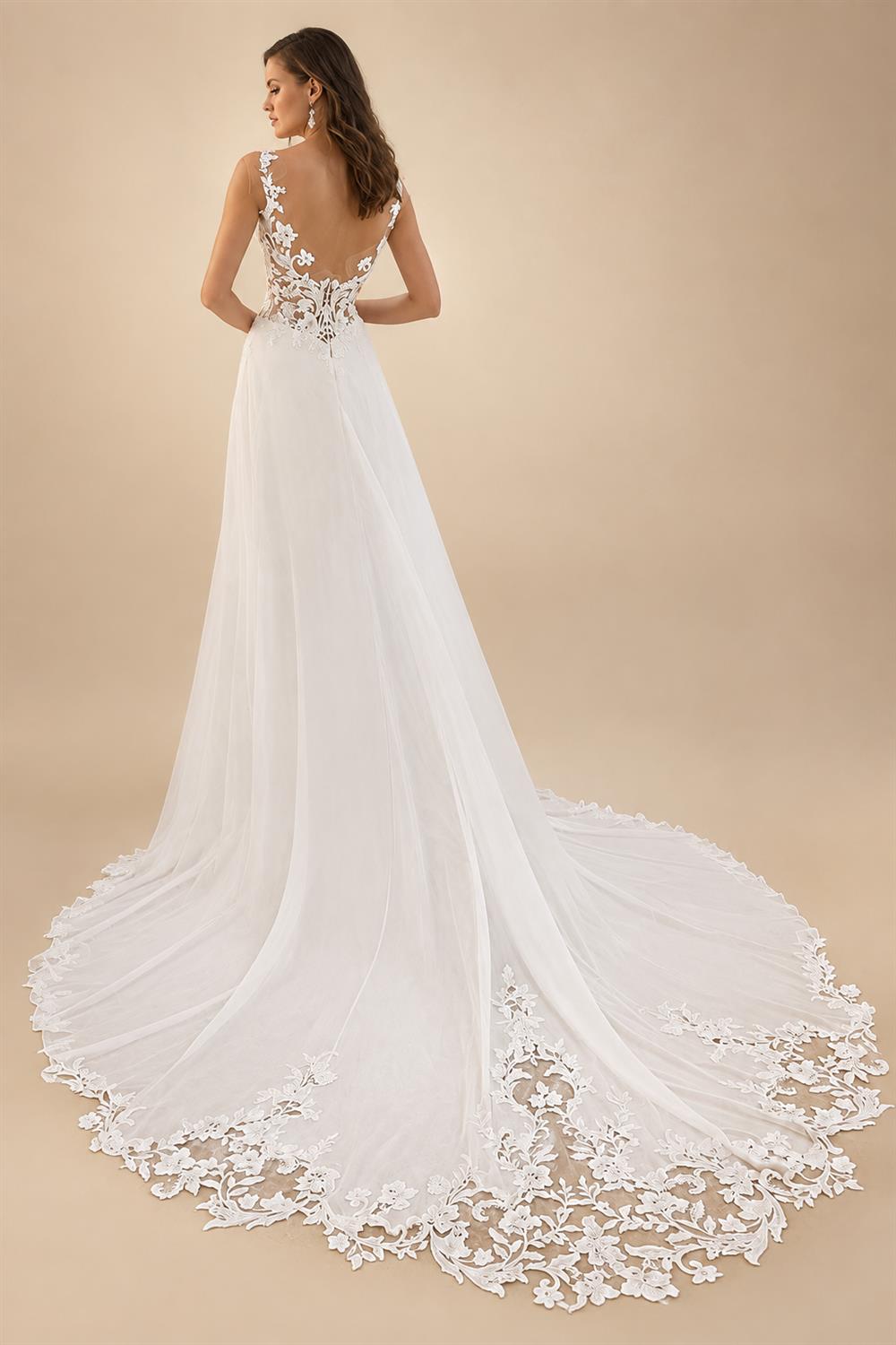 A-Line Split Chiffon Illusion Bodice Customized Beach Wedding Dresses for Women Appliques Summer Boho Bride Dress