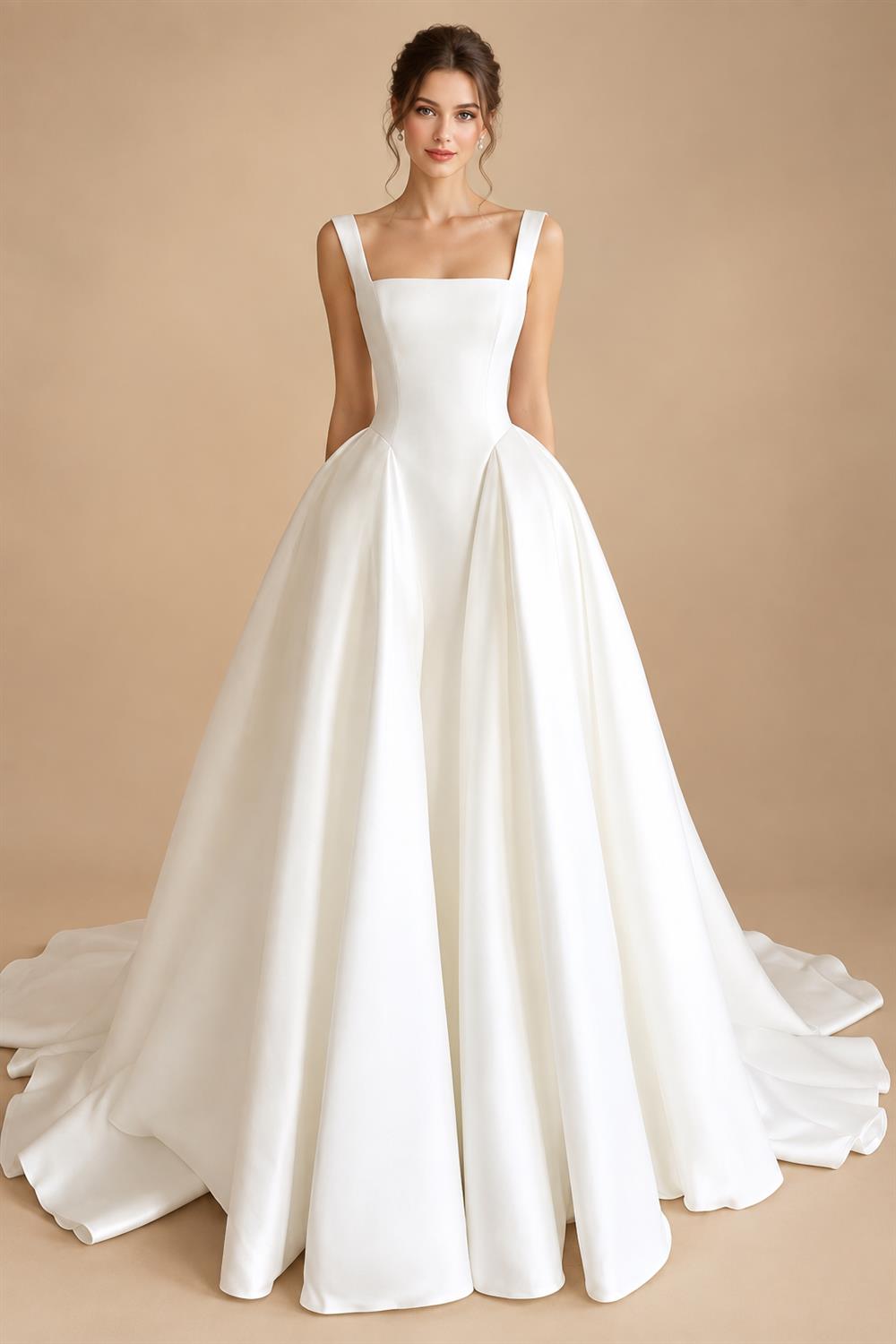 Mikado Satin Wedding Dress With Pockets Sweep Train A-Line Sleeveless Square Neck Satin Bridal Gowns Customized