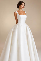 Mikado Satin Wedding Dress With Pockets Sweep Train A-Line Sleeveless Square Neck Satin Bridal Gowns Customized