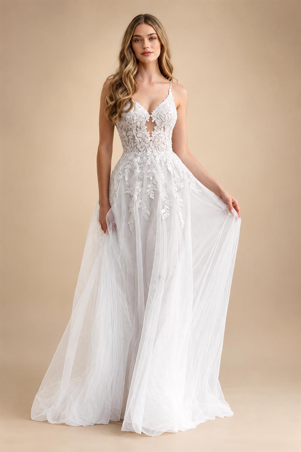 Champagne Boho Wedding Dress Spaghetti Straps Deep V Neck Flower Lace Tulle A Line Bridal Gown For Beach Customized