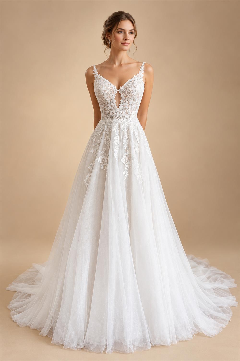 Champagne Boho Wedding Dress Spaghetti Straps Deep V Neck Flower Lace Tulle A Line Bridal Gown For Beach Customized