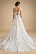Champagne Boho Wedding Dress Spaghetti Straps Deep V Neck Flower Lace Tulle A Line Bridal Gown For Beach Customized