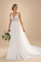 Sexy Boho Country Tulle Illusion Wedding Dress Deep V‑Neck Sleeveless Lace Appliques Tulle Bridal Gown Customized