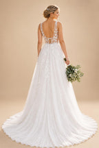Sexy Boho Country Tulle Illusion Wedding Dress Deep V‑Neck Sleeveless Lace Appliques Tulle Bridal Gown Customized