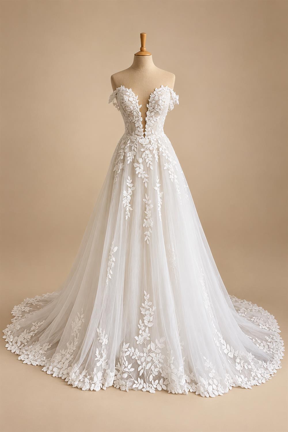 Boho Off Shoulder Wedding Dress Deep V Neck Illusion Bodice A‑Line Tulle Bridal Gown 3D Leaf Lace Appliqu Customized