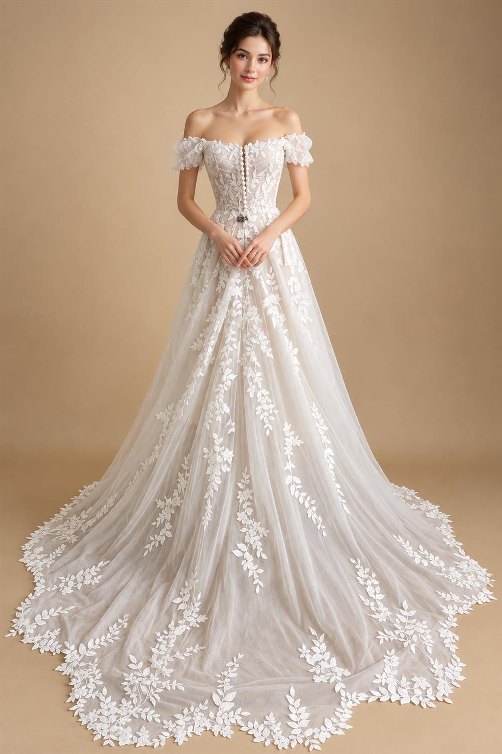 Boho Off Shoulder Wedding Dress Deep V Neck Illusion Bodice A‑Line Tulle Bridal Gown 3D Leaf Lace Appliqu Customized