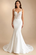 Elegant Mermaid Wedding Dresses Deep V‑Neck Illusion Low Back Beaded Lace Appliques Satin Bridal Gown Customizedn