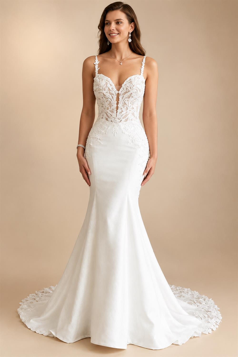 Elegant Mermaid Wedding Dresses Deep V‑Neck Illusion Low Back Beaded Lace Appliques Satin Bridal Gown Customizedn