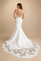 Elegant Mermaid Wedding Dresses Deep V‑Neck Illusion Low Back Beaded Lace Appliques Satin Bridal Gown Customizedn
