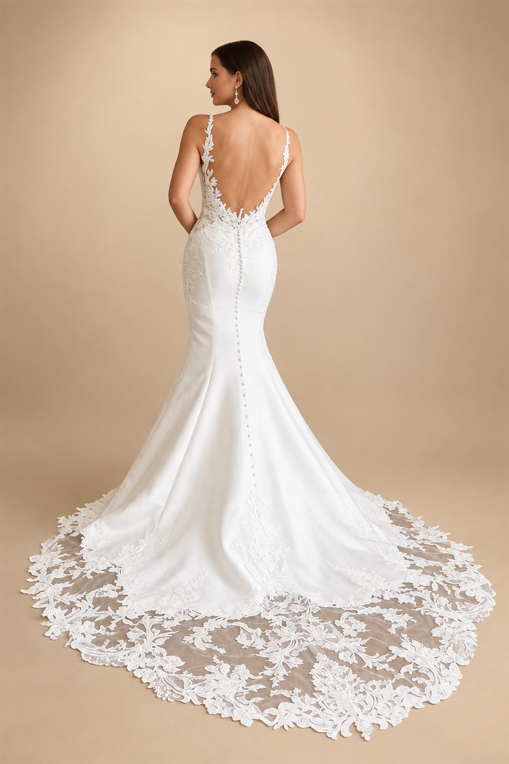 Elegant Mermaid Wedding Dresses Deep V‑Neck Illusion Low Back Beaded Lace Appliques Satin Bridal Gown Customizedn