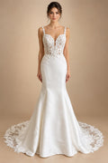Elegant Mermaid Wedding Dresses Deep V‑Neck Illusion Low Back Beaded Lace Appliques Satin Bridal Gown Customizedn