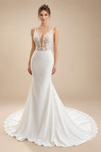 Simple Mermaid Wedding Dresses V-Neck Split Backless Trumpet Spaghetti Straps Bridal Gown Vestidos De Noiva