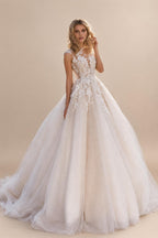 A Line Lace Floral Wedding Dress Illusion Long Sleeve Tulle Tulle Bridal Gown for Formal Ceremony Customized